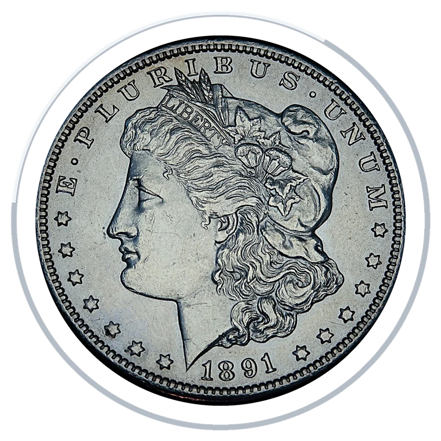 1891-CC Morgan Silver Dollar, ring-framed