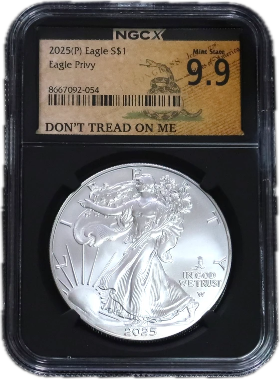 2025 American Silver Eagle Privy in an NGCX 9.9 graded holder
